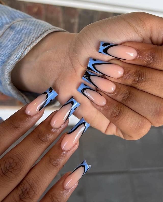 9. Nude, Black and Powder Blue French Coffin Nails - black and blue nail ideas