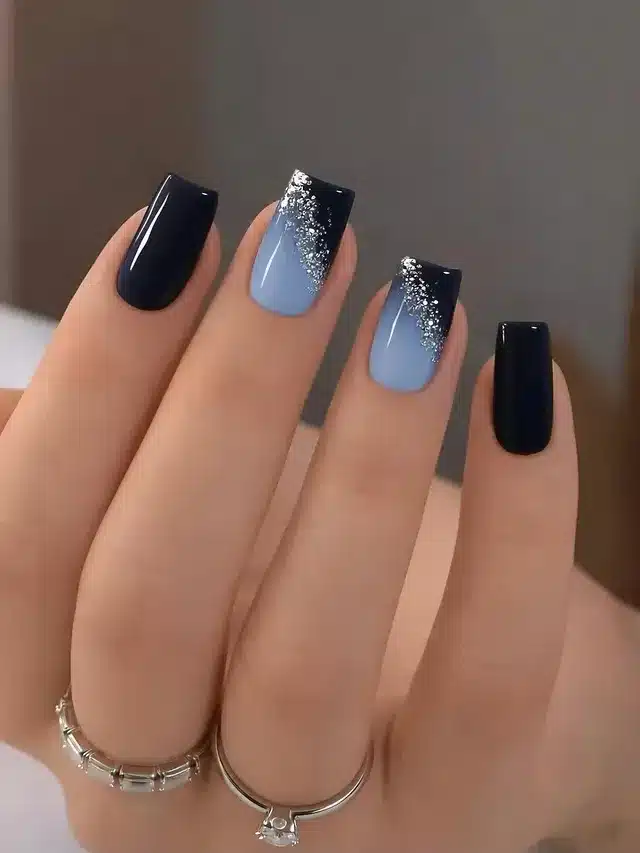 16. Navy and Powder Blue Glitter Square Nails - black and blue nail ideas