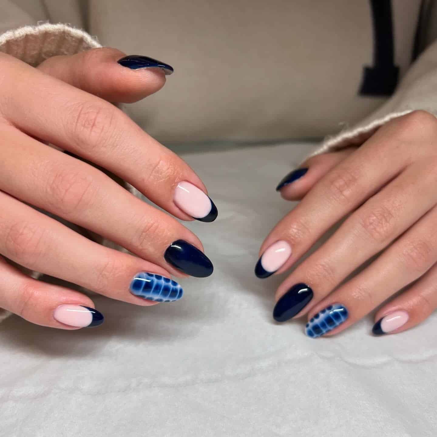 17. Navy Blue French and Crocodile Almond Nails - black and blue nail ideas