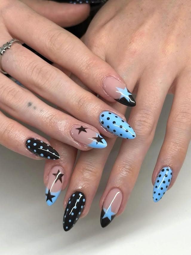 19. Black and Baby Blue Star Almond Nails - black and blue nail ideas