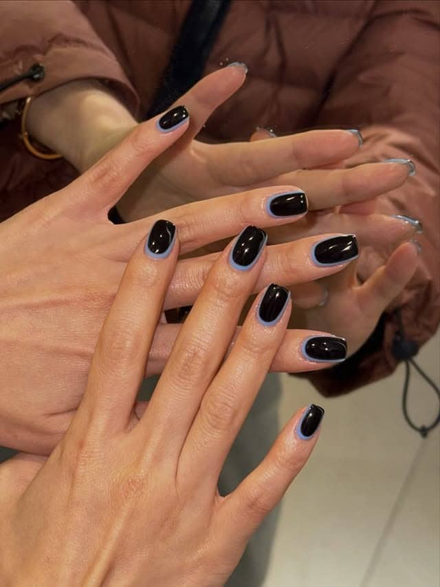 20. Glossy Black Short Square Nails with Blue Outline - black and blue nail ideas