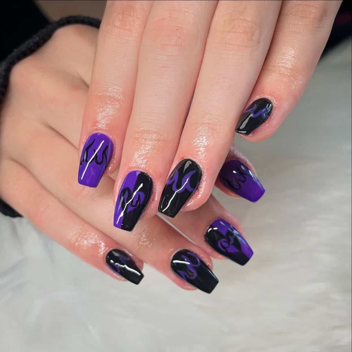 2. Black and Purple Coffin Nails with Flame Art - black and purple nail ideas