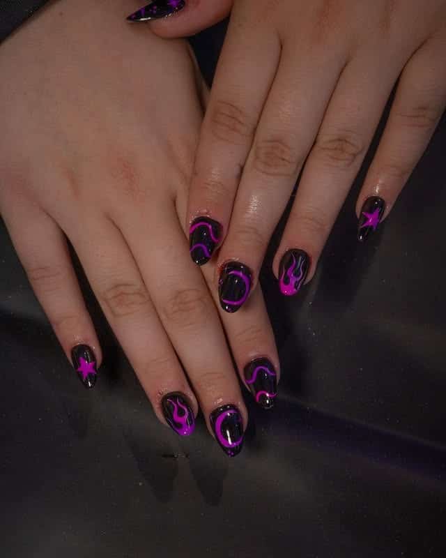 4. Black Almond Nails with Neon Purple Flames and Stars - black and purple nail ideas