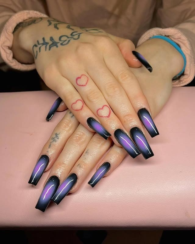 7. Black and Purple Aura Coffin Nails - black and purple nail ideas
