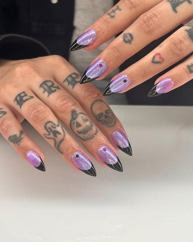 9. Shimmering Lilac Almond Nails with Black French Tips - black and purple nail ideas