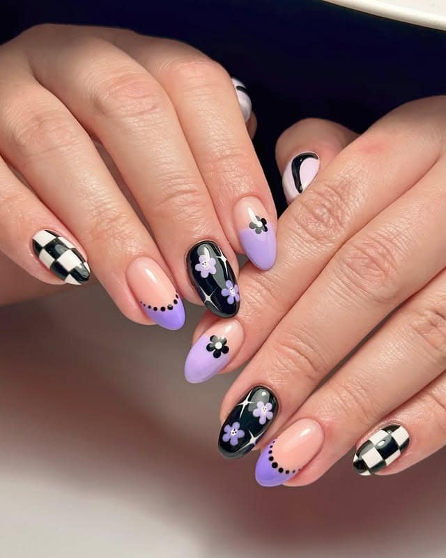 14. Black and Lavender Almond Nails with Floral Checks - black and purple nail ideas
