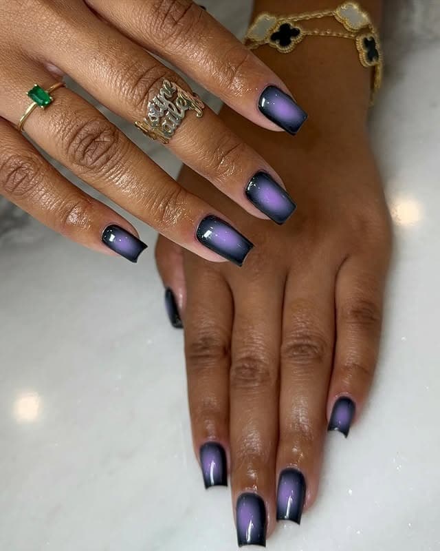 17. Black and Purple Square Aura Nails - black and purple nail ideas