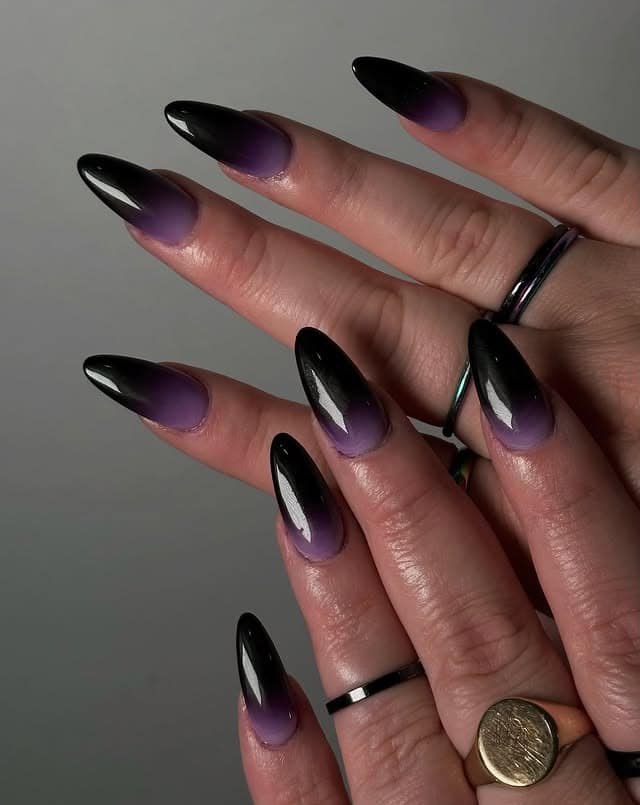 18. Black-to-Purple Ombre Almond Nails - black and purple nail ideas