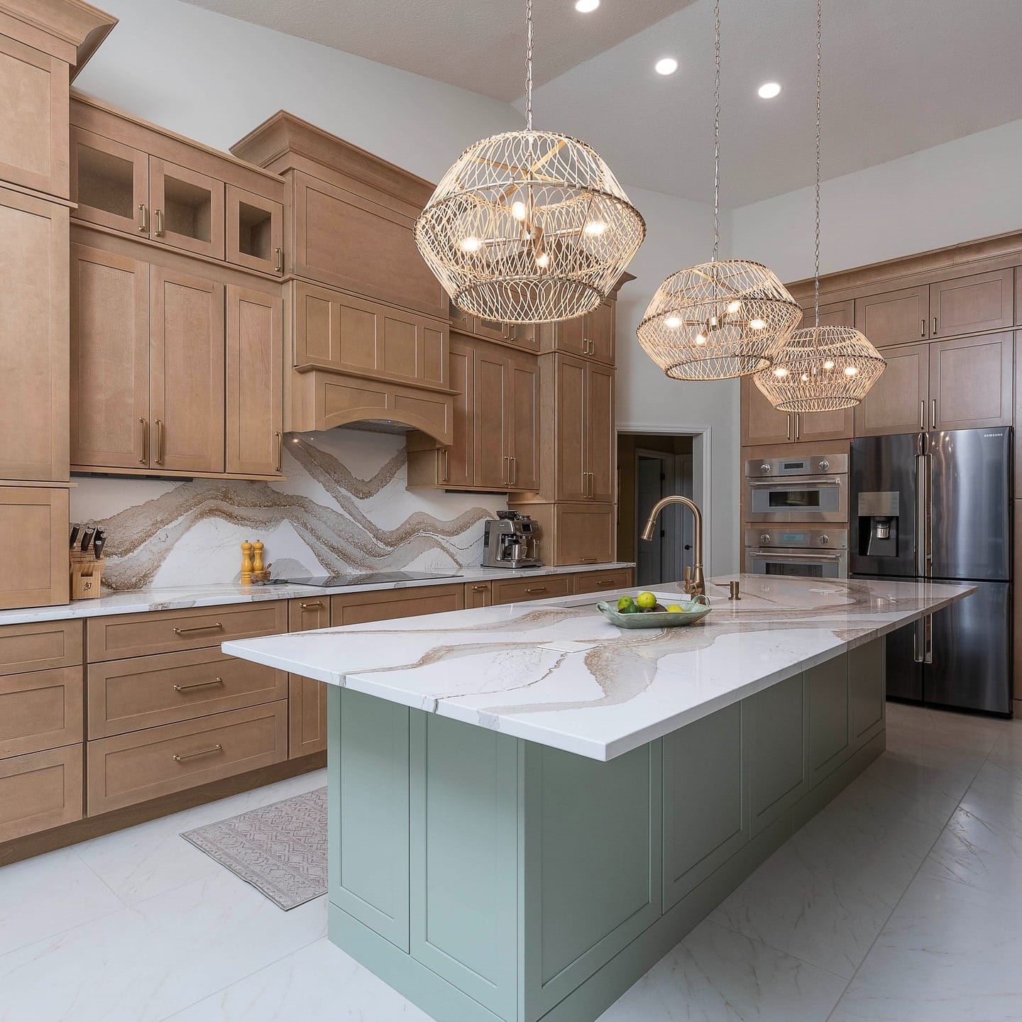 2. Natural Wood and Sage Green Statement Pendant Kitchen Idea - kitchen lamp ideas