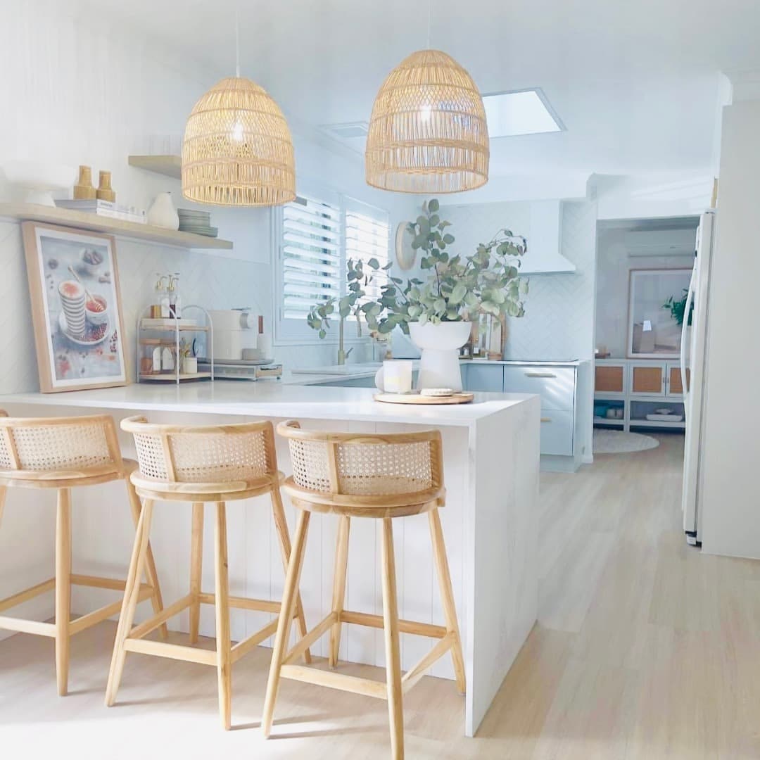 3. White and Natural Rattan Pendant Kitchen Idea - kitchen lamp ideas