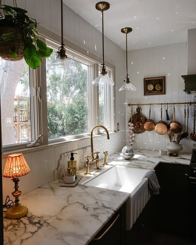 4. Black, White, and Antique Brass Glass Pendant Kitchen Idea - kitchen lamp ideas