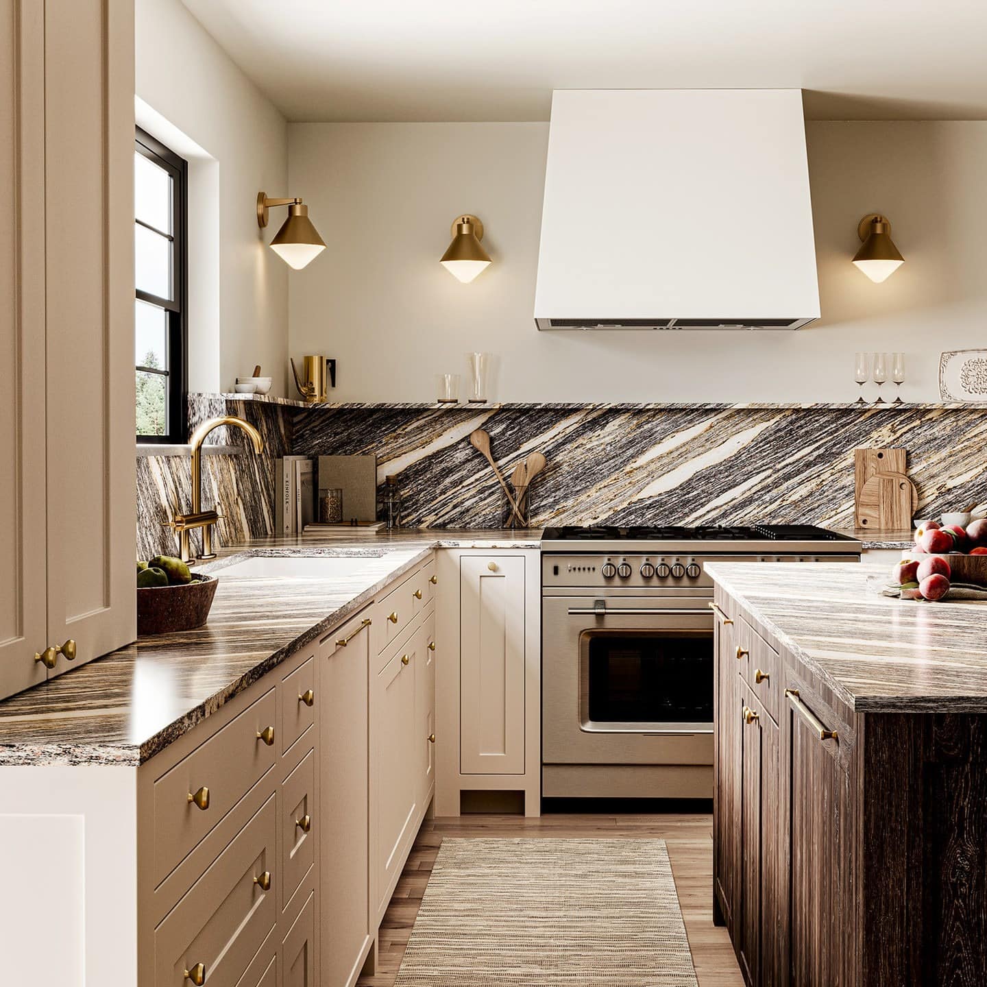 5. Cream, Black, and Brushed Brass Sconce Kitchen Idea - kitchen lamp ideas