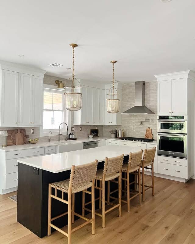 7. Crisp White and Black Island Lantern Kitchen Idea - kitchen lamp ideas