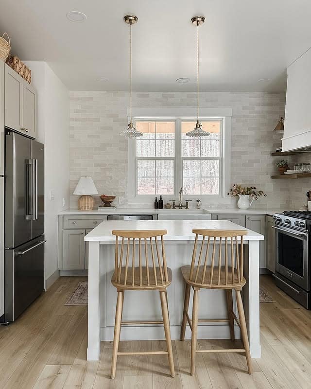 8. Soft Gray and Natural Wood Glass Pendant Kitchen Idea - kitchen lamp ideas
