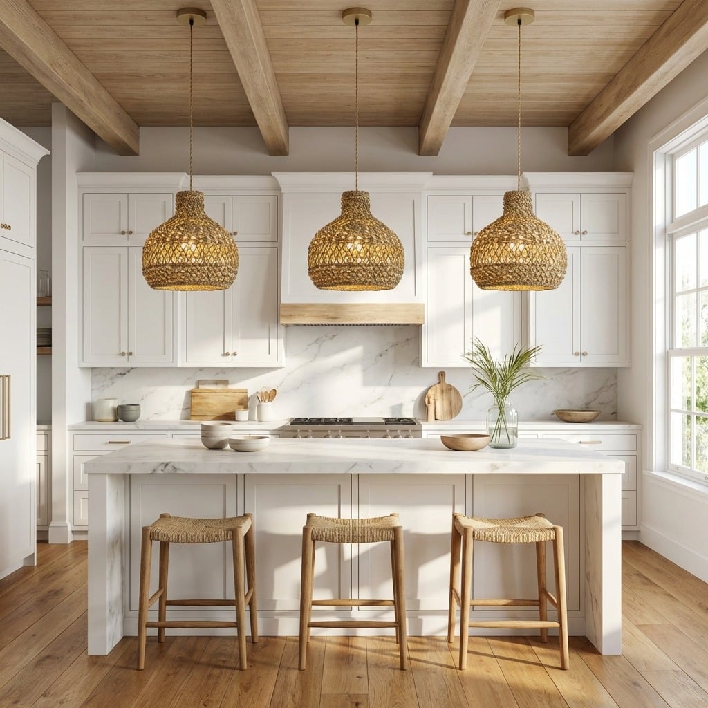 10. White, Honey Wood, and Woven Pendant Kitchen Idea - kitchen lamp ideas