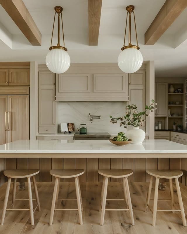 11. Warm Beige and Brass Globe Pendant Kitchen Idea - kitchen lamp ideas
