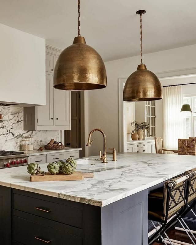 13. Black, White, and Antique Brass Dome Pendant Kitchen Idea - kitchen lamp ideas