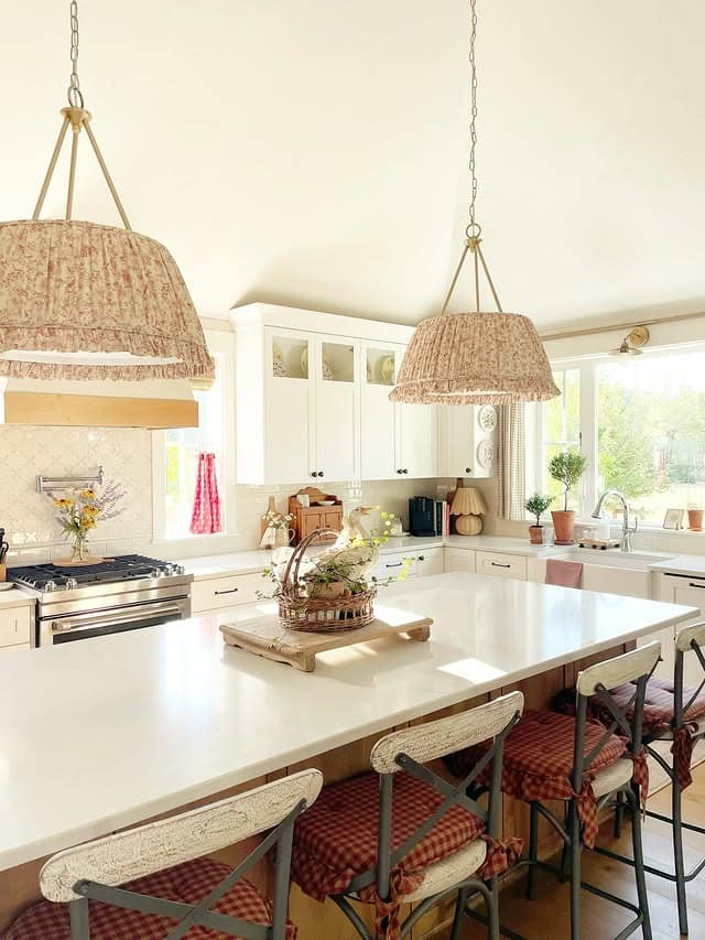 14. Cream and Dusty Red Fabric Pendant Kitchen Idea - kitchen lamp ideas