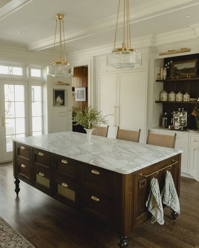 16. White, Walnut, and Clear Glass Pendant Kitchen Idea - kitchen lamp ideas