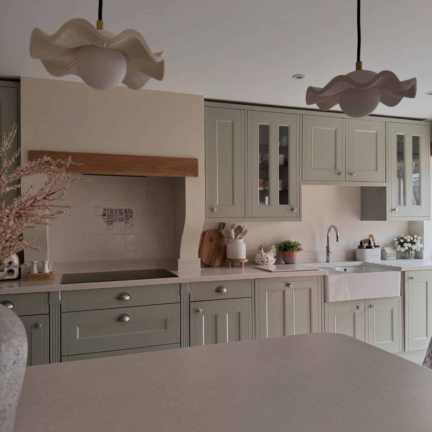 18. Sage Green and Cream Sculptural Pendant Kitchen Idea - kitchen lamp ideas