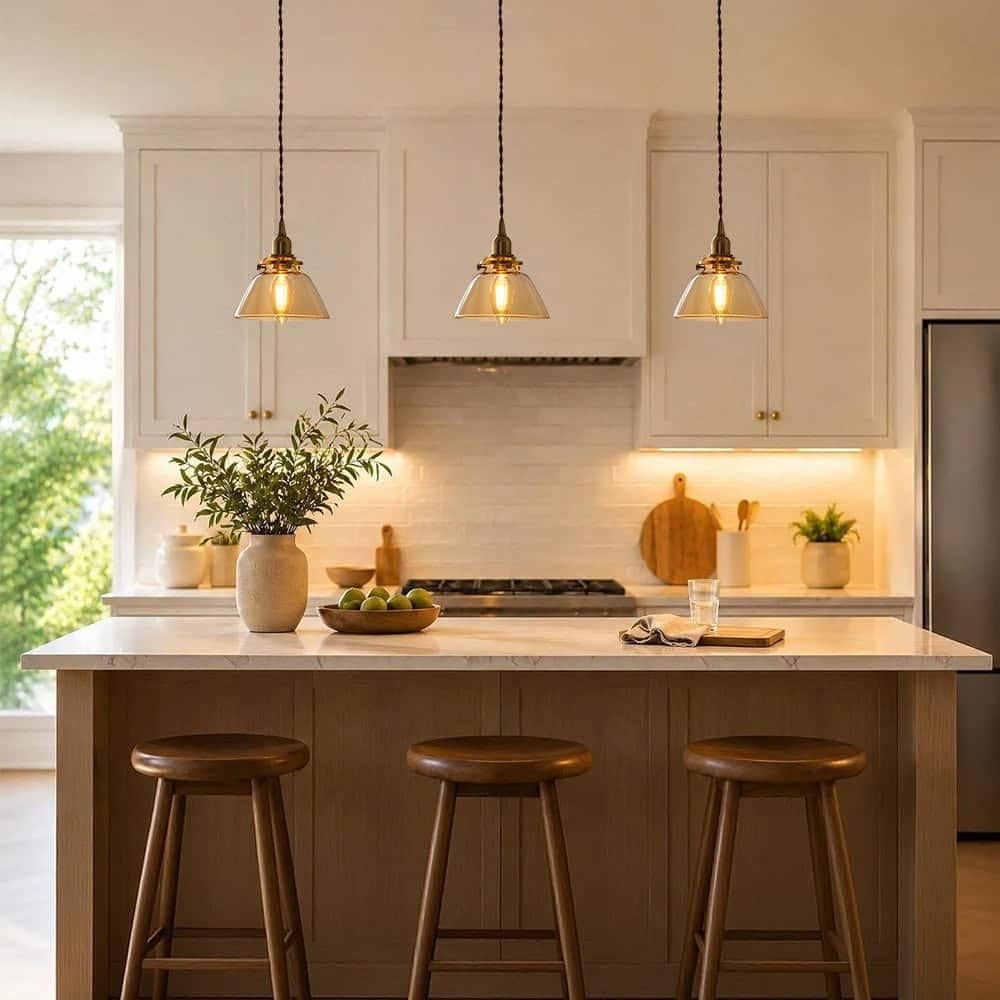 20. Warm White and Walnut Glass Pendant Kitchen Idea - kitchen lamp ideas