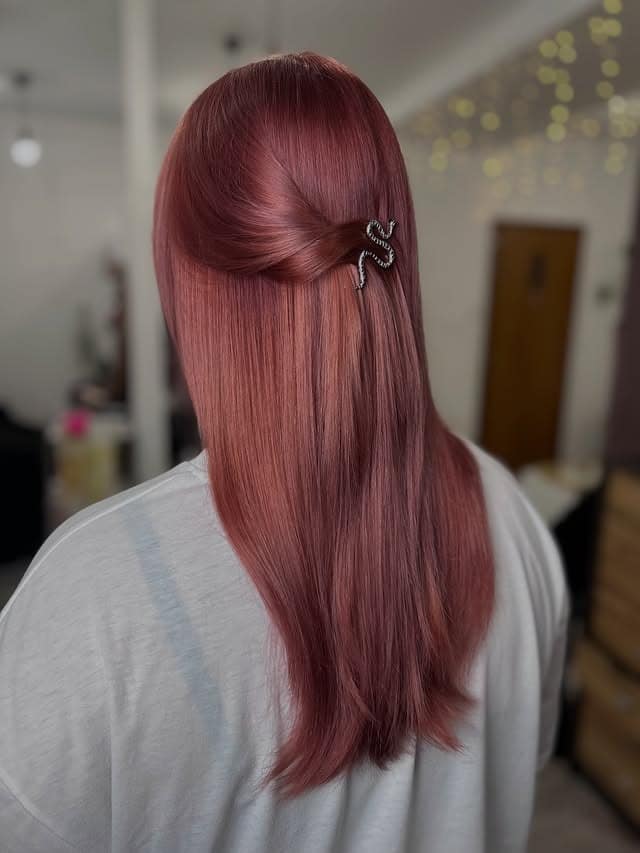 11. Deep Rose Gold Half-Up Straight Hair - Rose Gold Hair Color