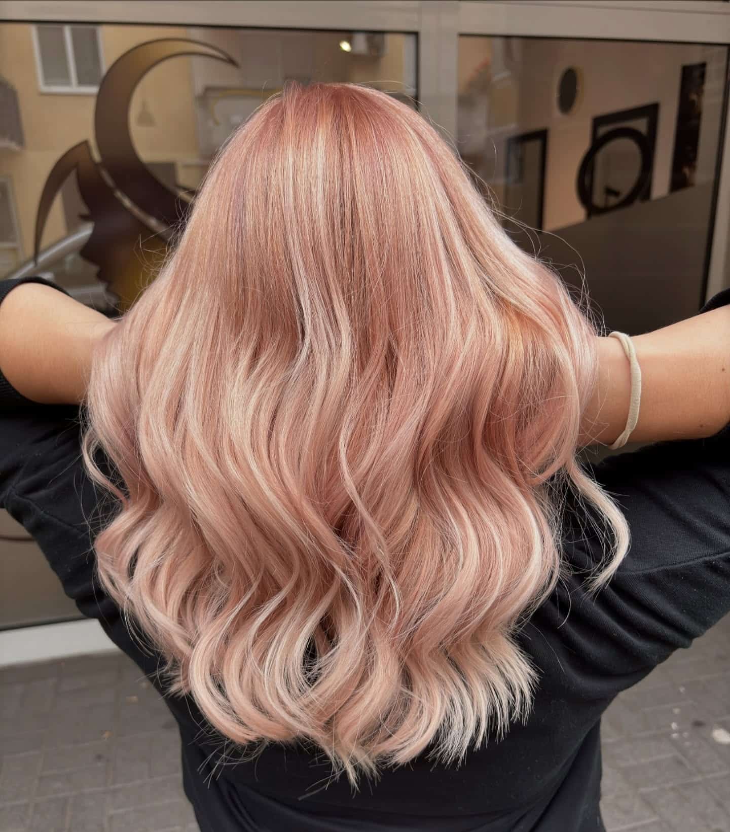 17. Blush Rose Gold Long Waves - Rose Gold Hair Color