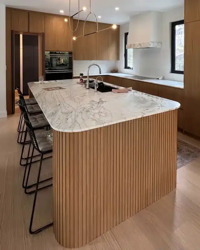 7. Warm Walnut and White Marble Scandinavian Kitchen Idea - scandinavian kitchen ideas