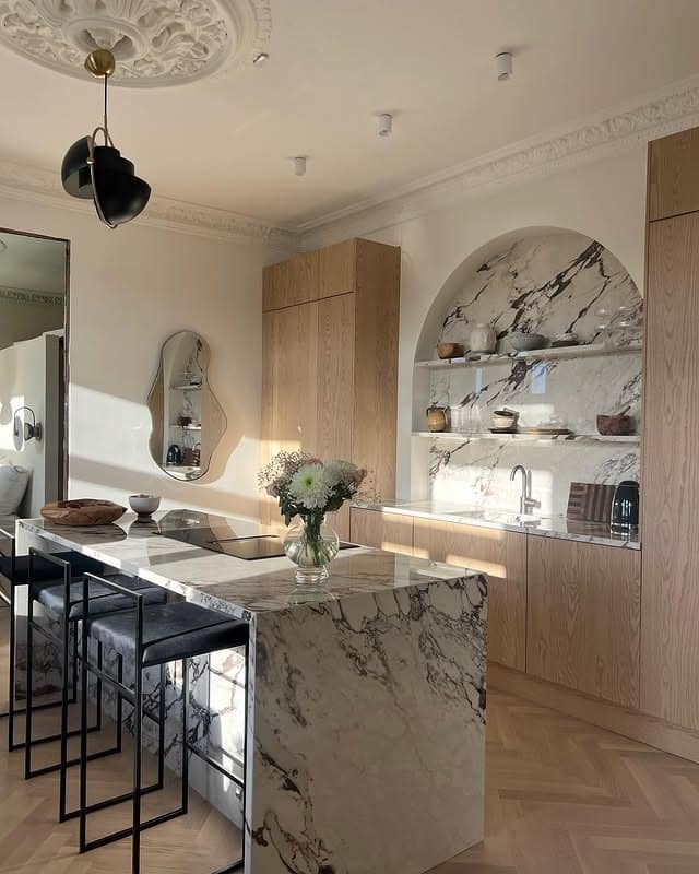 15. Light Oak and Marble Scandinavian Kitchen Idea - scandinavian kitchen ideas