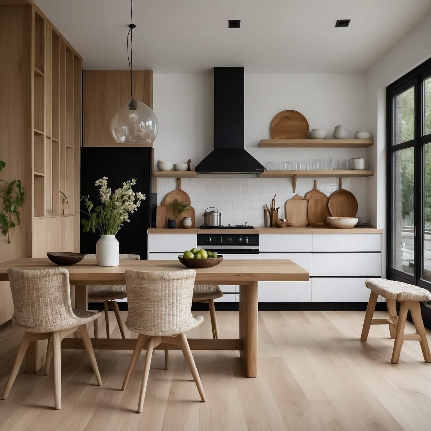 16. White, Black and Natural Oak Scandinavian Kitchen Idea - scandinavian kitchen ideas