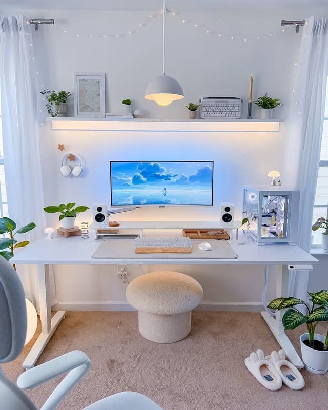 1. White and Soft Blue Girly Tech Office Idea - girly office ideas