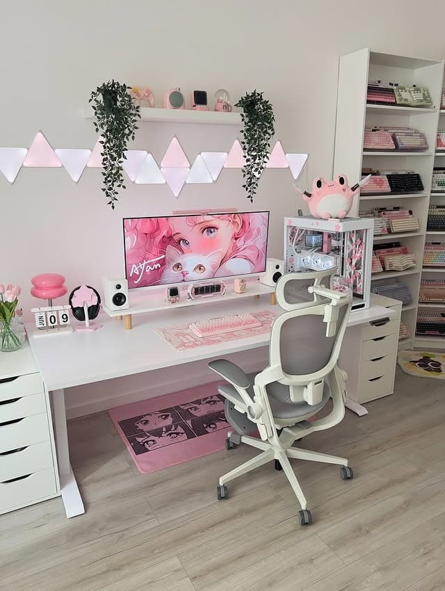 3. White and Pastel Pink Girly Gaming Office Idea - girly office ideas