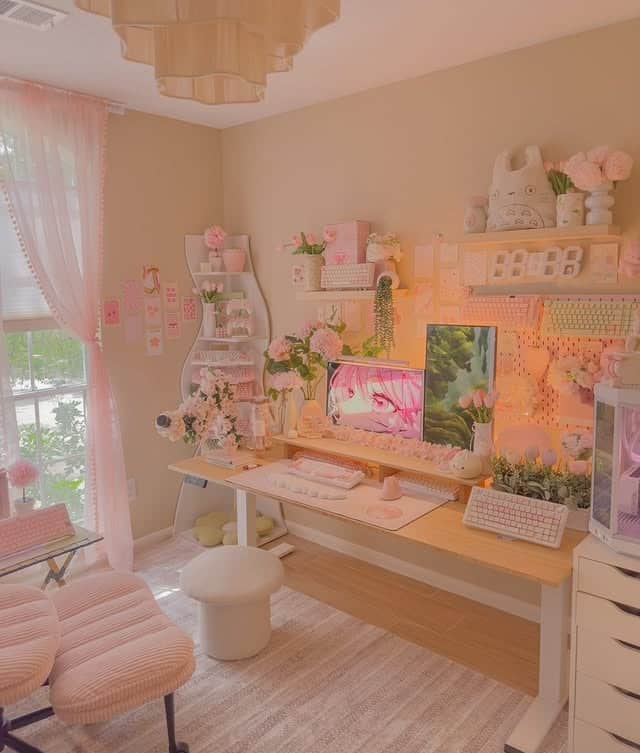 7. Blush Pink and Peach Girly Gaming Office Idea - girly office ideas