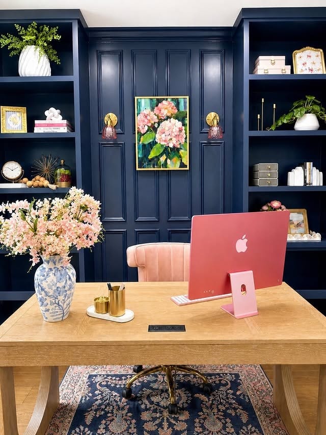 9. Navy Blue, Blush Pink and Natural Wood Office Idea - girly office ideas