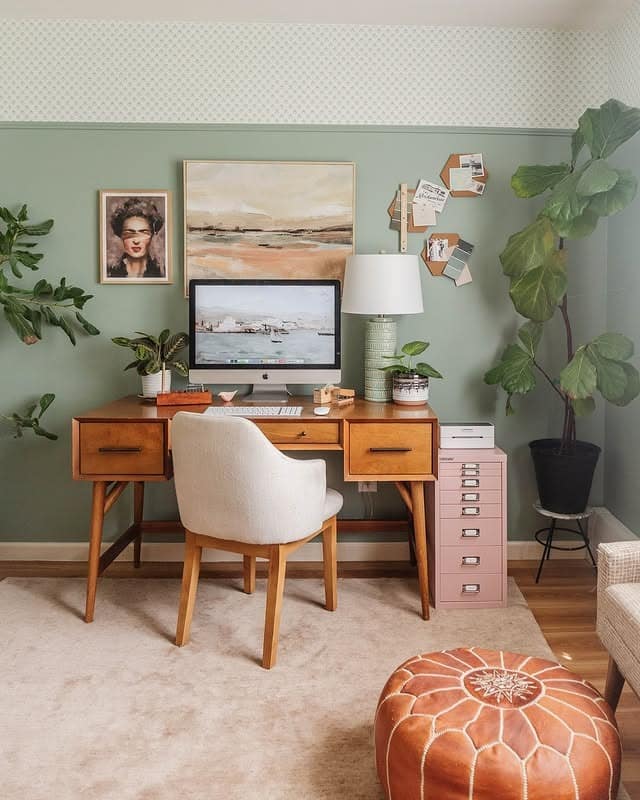 11. Sage Green and Warm Wood Girly Office Idea - girly office ideas