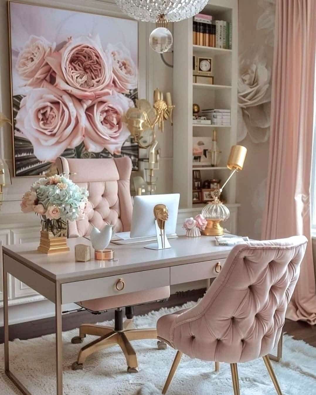 13. Blush Pink, Cream and Gold Glam Girly Office Idea - girly office ideas