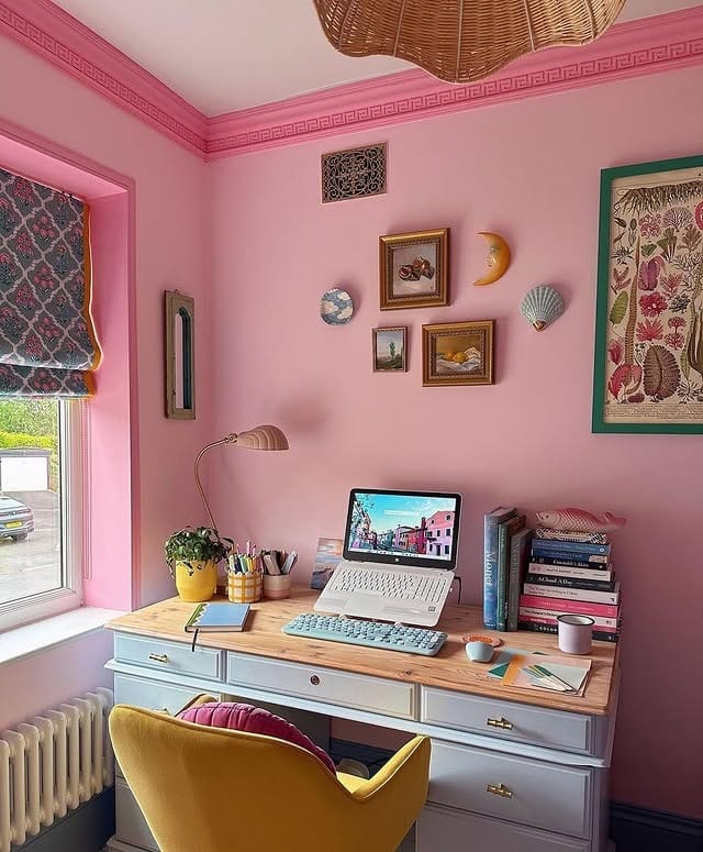 15. Pink, Powder Blue and Mustard Girly Office Idea - girly office ideas