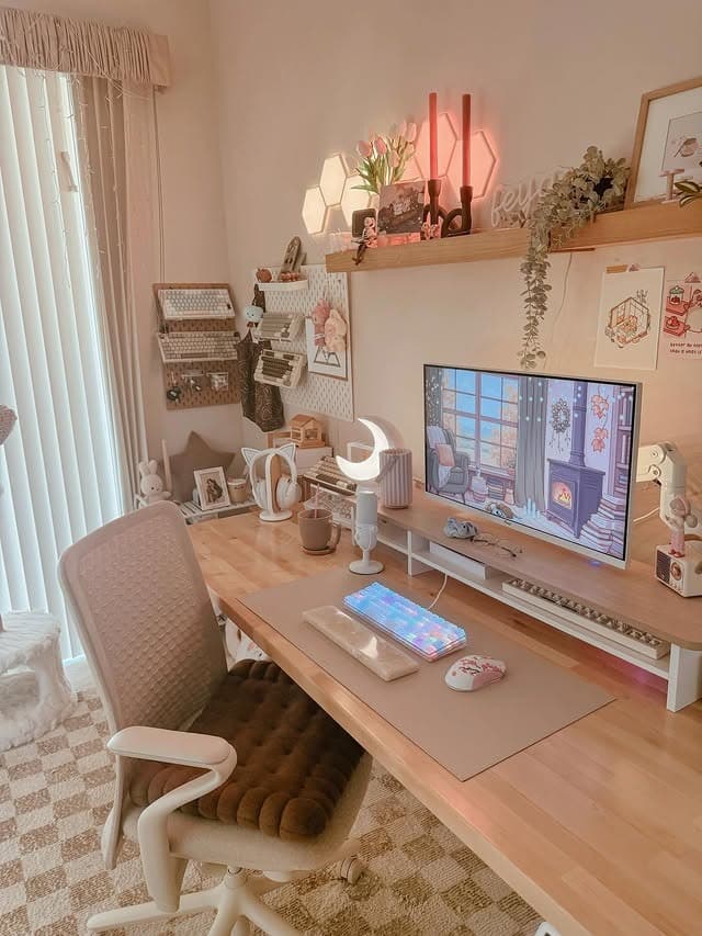 16. Cream, Peach and Natural Wood Girly Desk Idea - girly office ideas