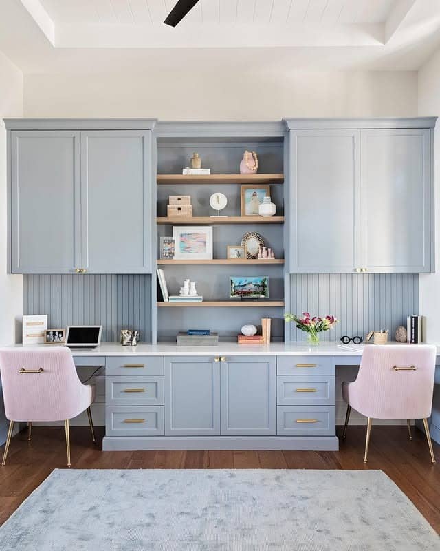 17. Blue Gray and Blush Pink Built-In Office Idea - girly office ideas