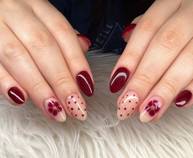 2. Burgundy Floral Almond Dip Powder Nails - dip powder nail ideas