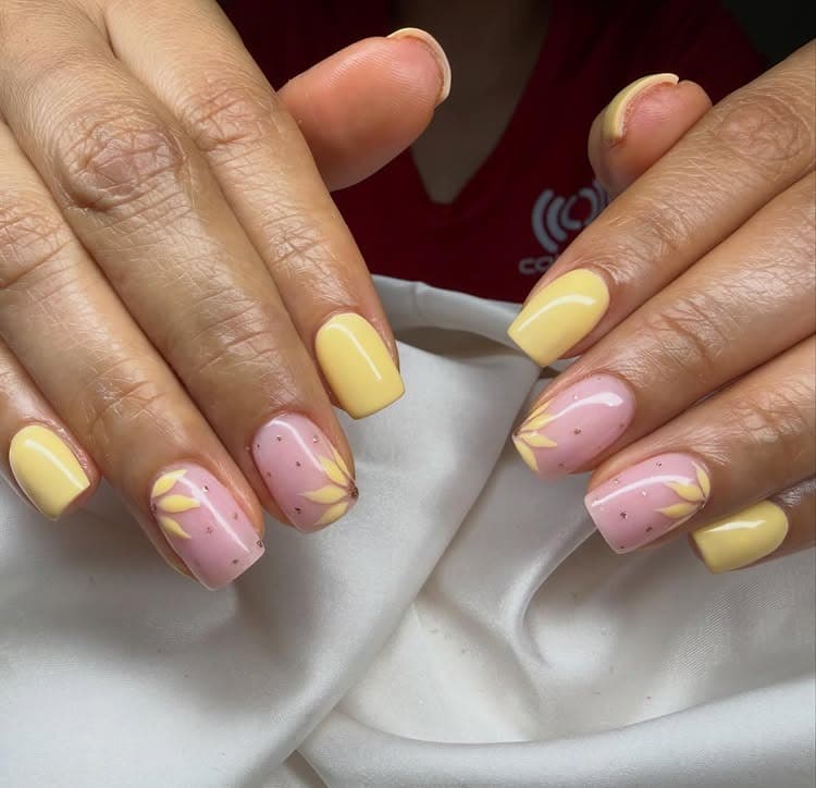 15. Pastel Yellow and Pink Floral Square Dip Nails - dip powder nail ideas