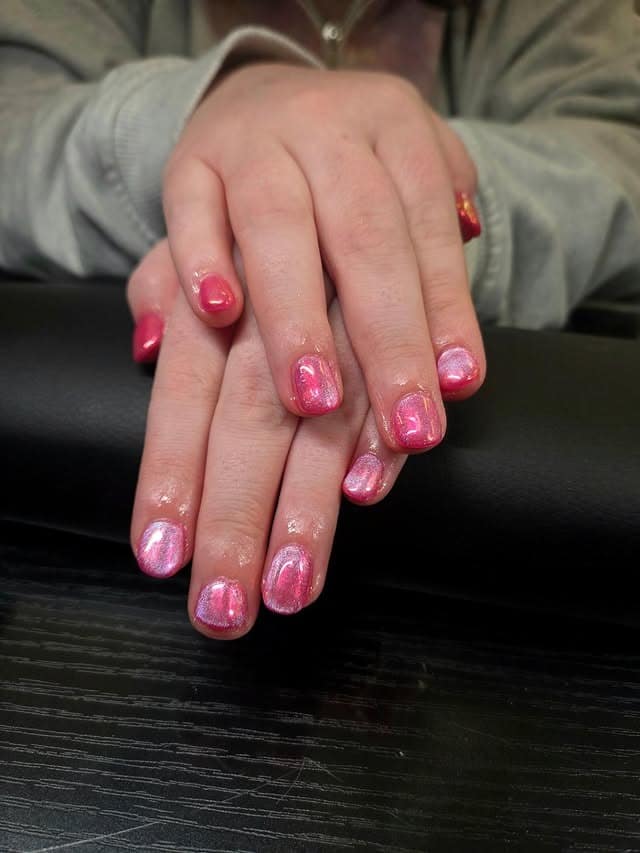 18. Shimmery Pink Short Square Dip Powder Nails - dip powder nail ideas