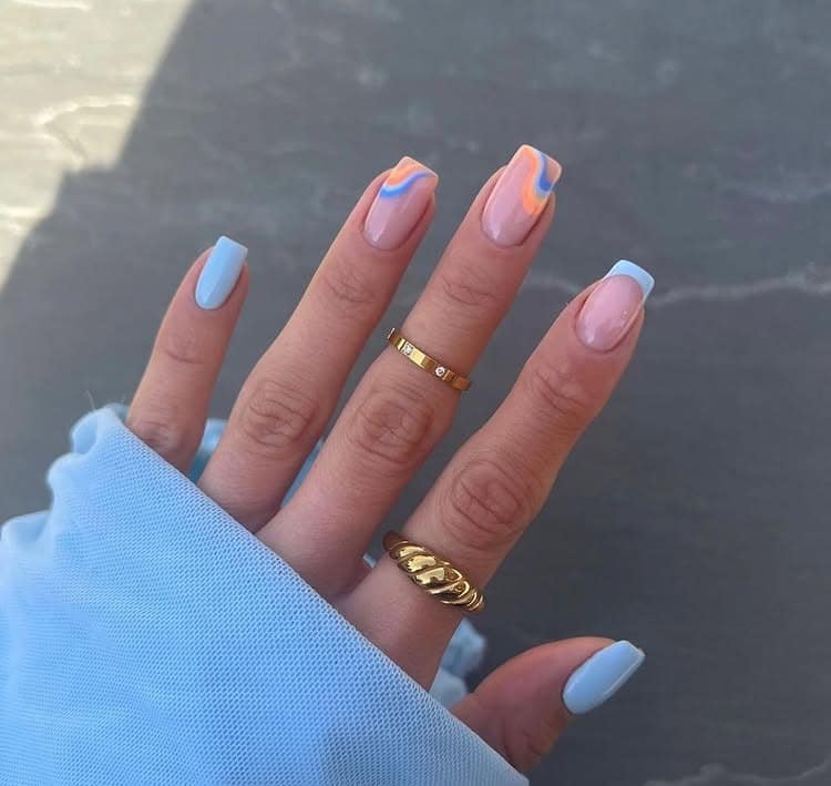 20. Pastel Blue French and Swirl Square Dip Nails - dip powder nail ideas