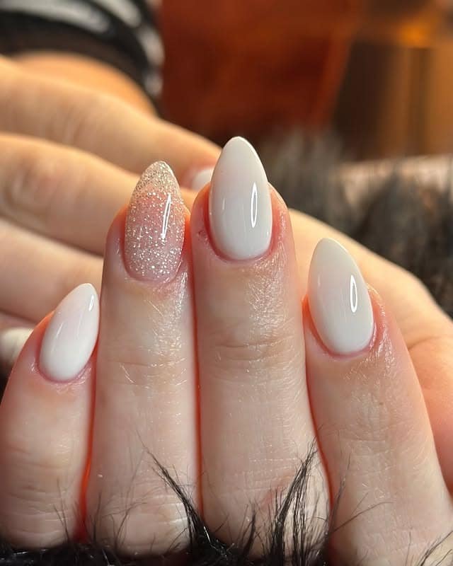 22. Milky White Glitter Almond Dip Powder Nails - dip powder nail ideas