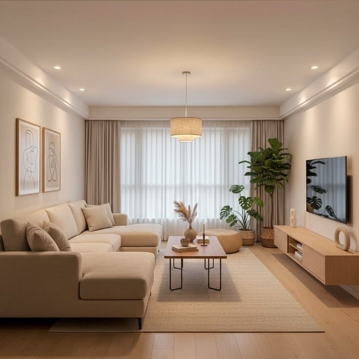 1. Warm Beige and Light Wood Long Living Room Idea - long living room ideas