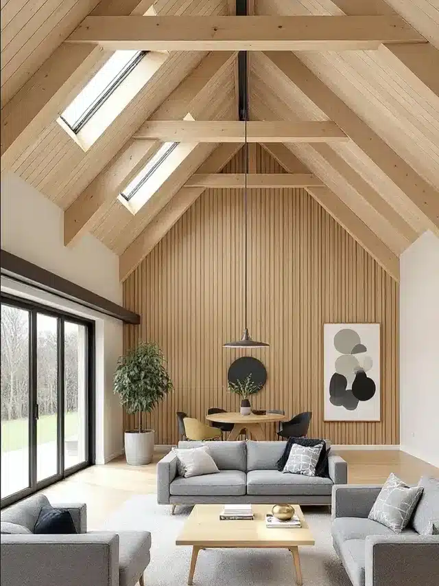 2. Natural Wood and Soft Gray Vaulted Long Living Room Idea - long living room ideas