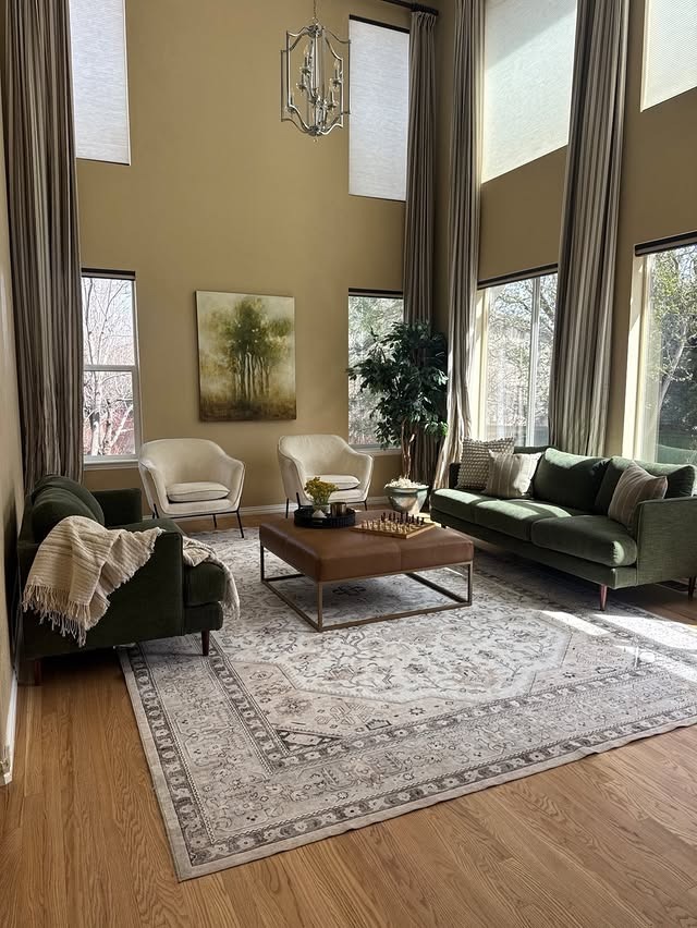 4. Forest Green and Warm Taupe Long Living Room Idea - long living room ideas