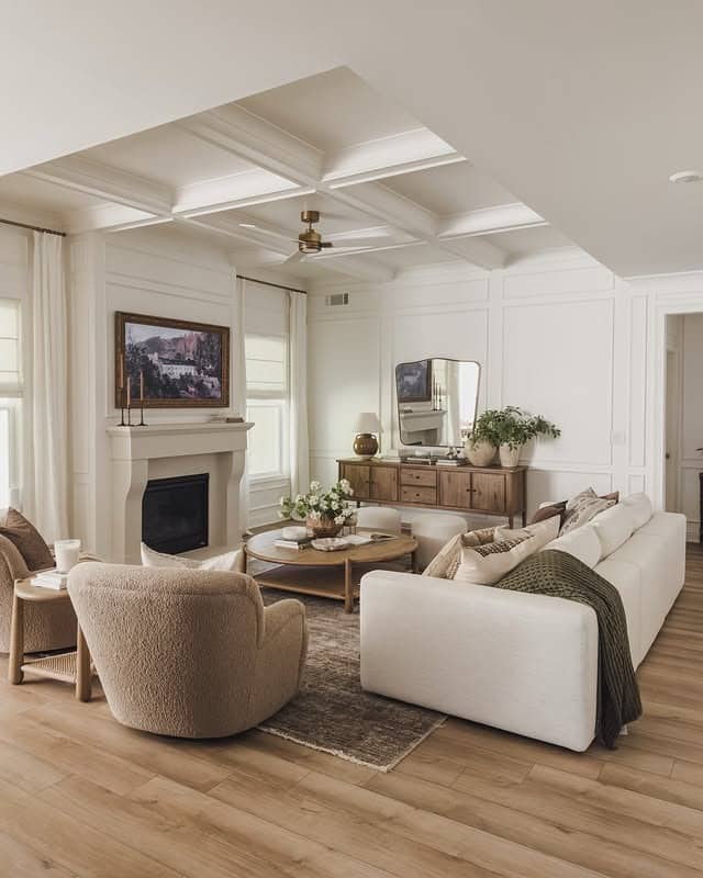 5. Ivory and Warm Brown Elegant Long Living Room Idea - long living room ideas