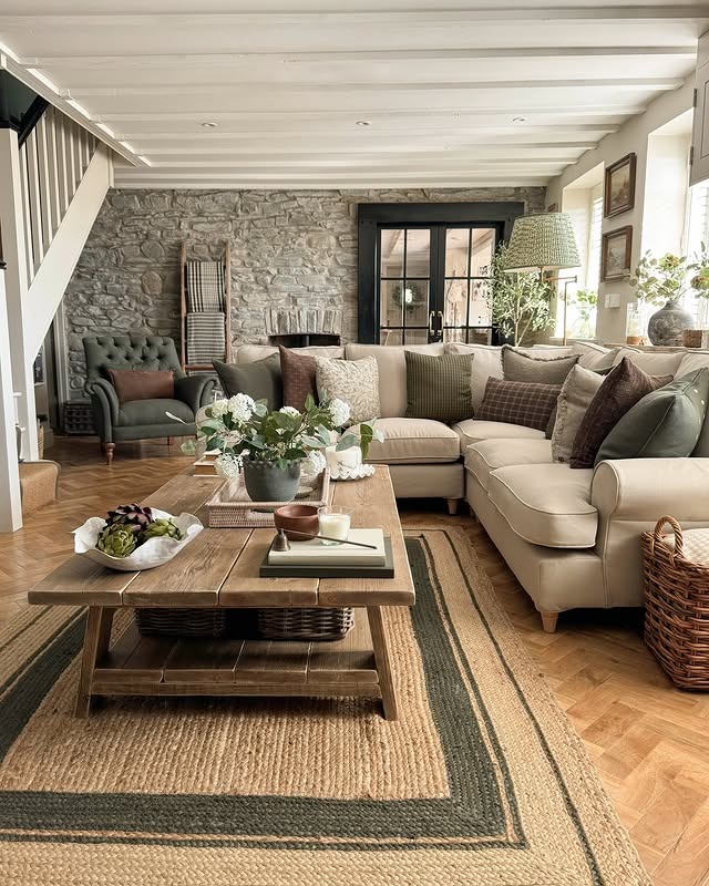 6. Cream, Olive and Rustic Wood Long Living Room Idea - long living room ideas