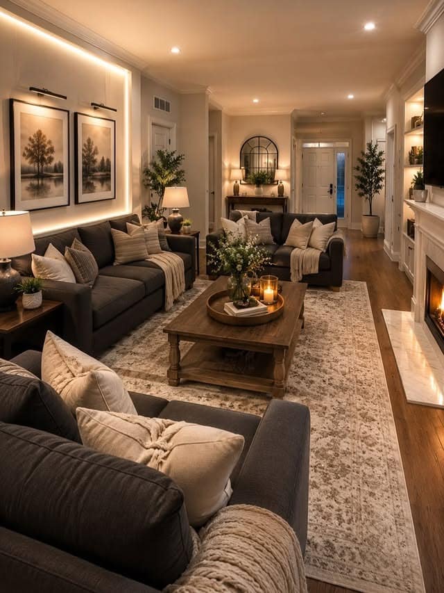 7. Charcoal Gray and Warm Beige Long Living Room Idea - long living room ideas